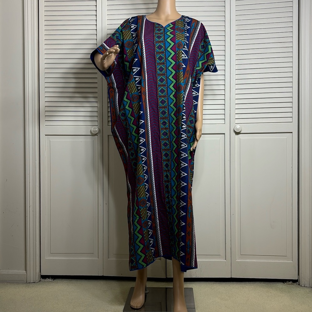 J Peterman Ethnic Print Cotton Kaftan Dress Multicolor Small/Medium